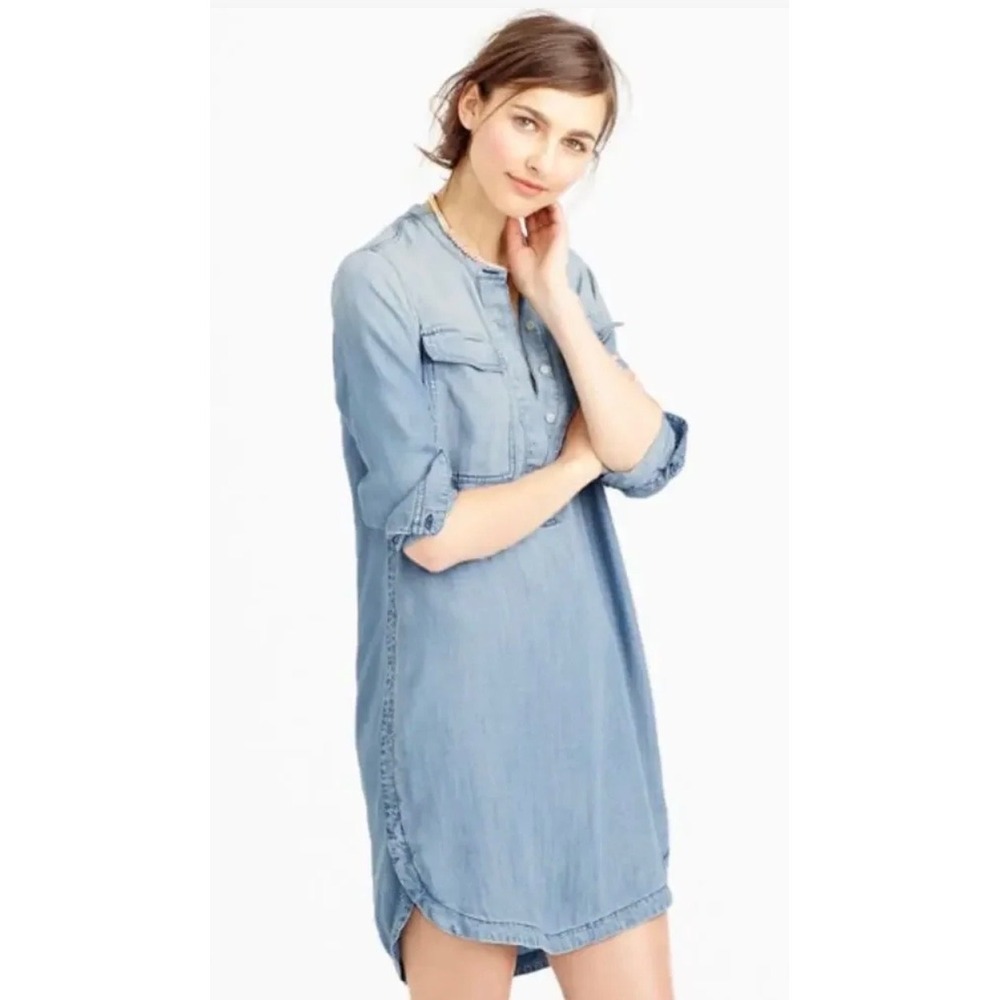 J.Crew Chambray Shirt Dress Light Wash Blue Denim Band Collar XL